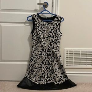 Cleo Petites Black & White Jacquard Print Dress with Leather Trim